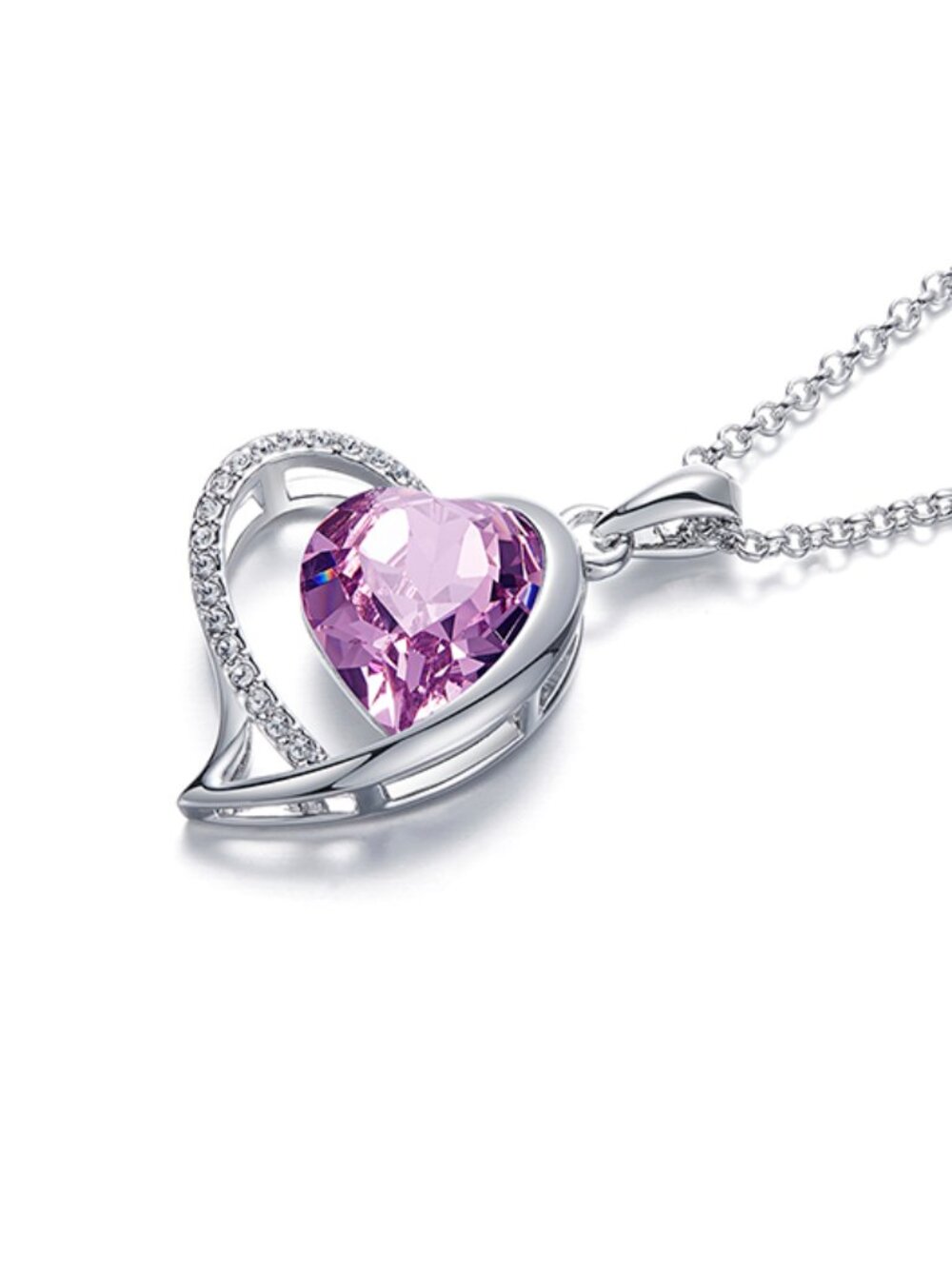 Open Heart Centerpiece Pendant Necklace, Purple Amethyst Austrian Crystals, 18" - Picture 3 of 4